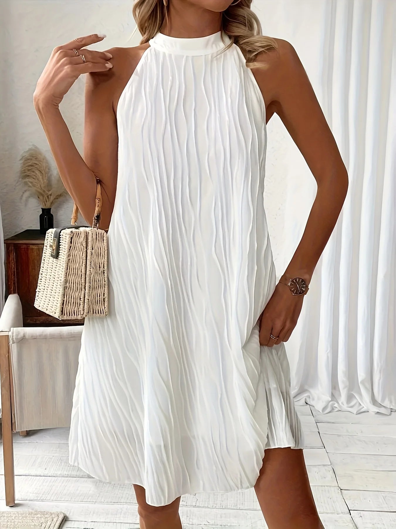 Women Sleeveless Pleated Halter Dress | Tania