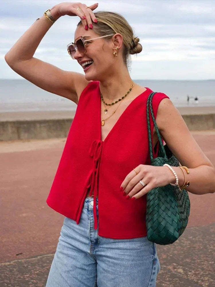 Women Striped Tie-Front Knit Vest | Imogen