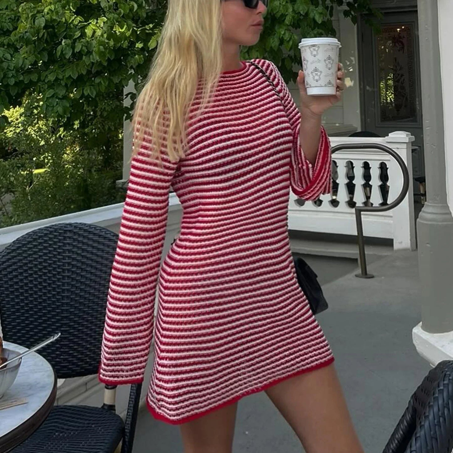Women Striped Knit Long-Sleeve Mini Dress | Belem