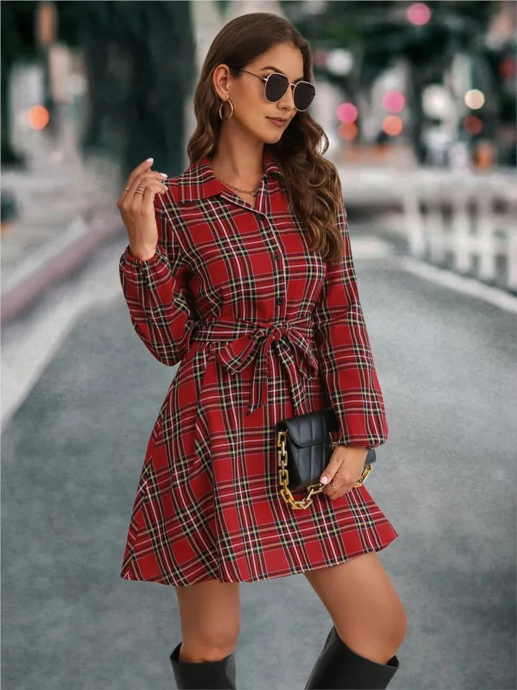 Women Plaid Shirt Dress Heart