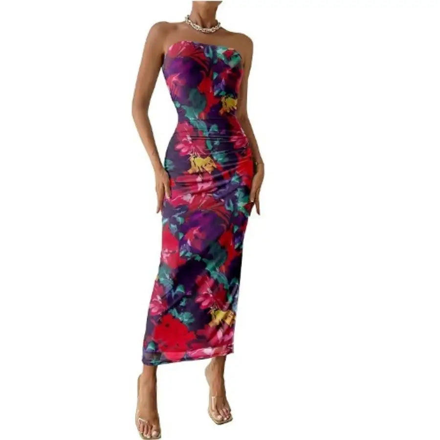 Women Strapless Floral Bodycon Maxi Dress | Celine