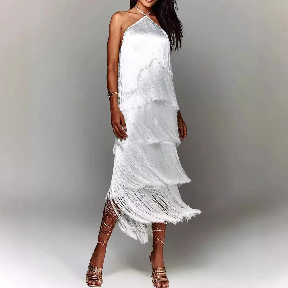 Women Glitter Fringe Halter Maxi Dress | Viviana