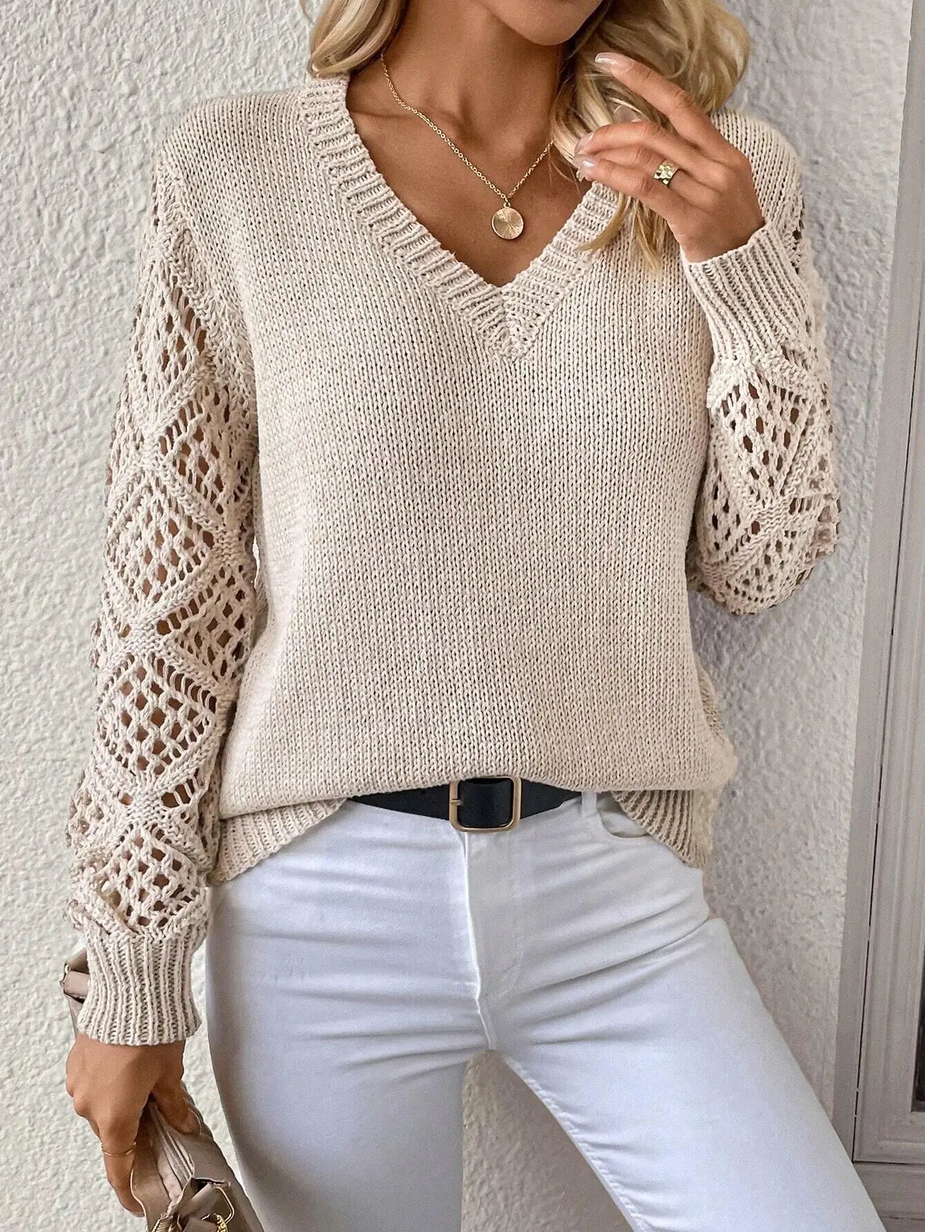 Women Crochet Sleeve Knit Sweater | Avis