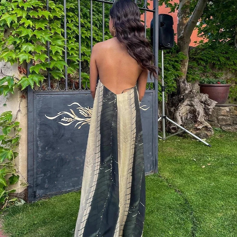 Women Flowy Ombre Print Open Back Halter Maxi Dress | Elisa