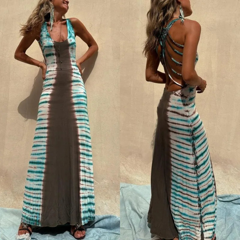 Women Backless Boho Tie-Dye Maxi Dress | Mamie