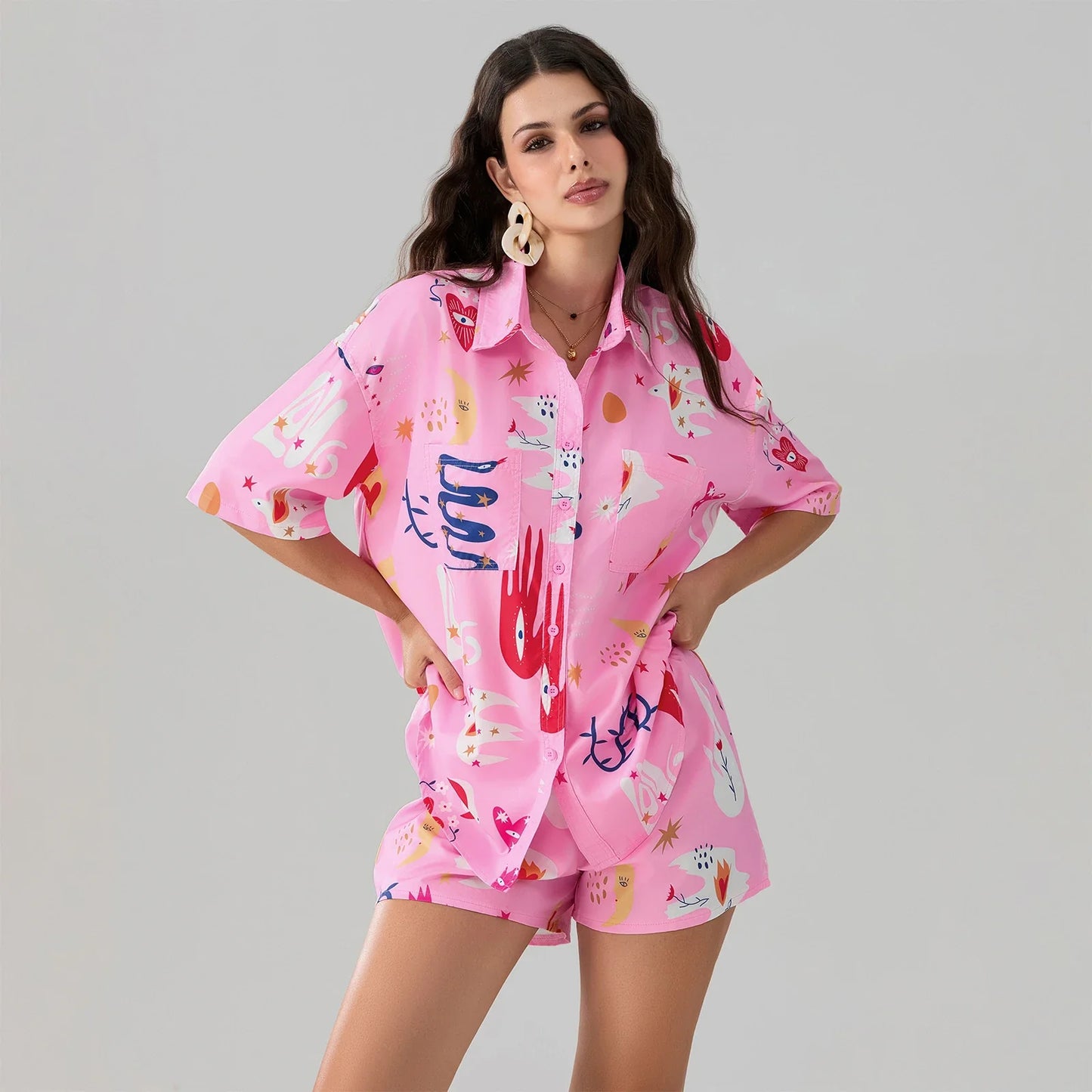Women Playful Print Button-Up Shirt and Shorts Set | Alexa