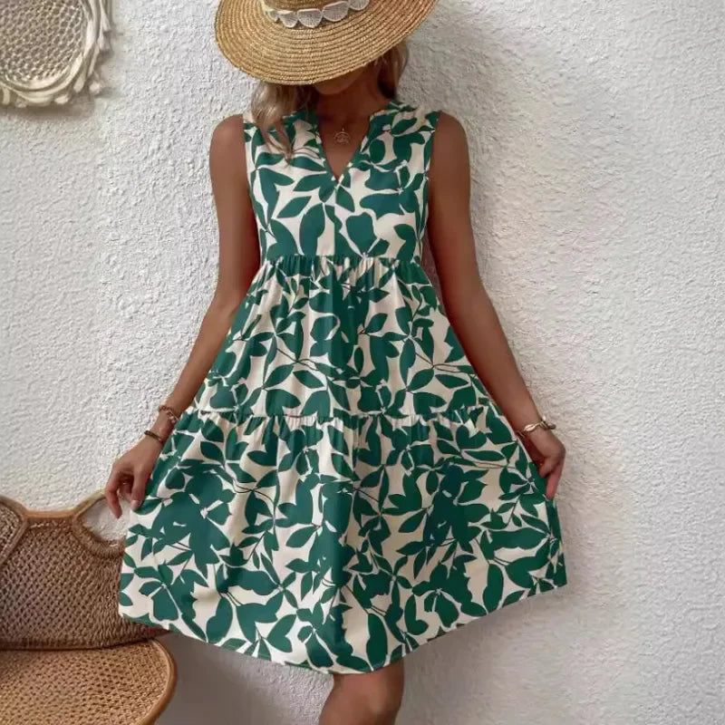 Women Summer Green Leaf Print Dress | Fabiana