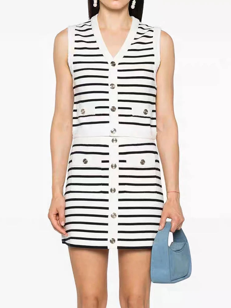 Women Striped Knitted Vest & Skirt Set | Sybella