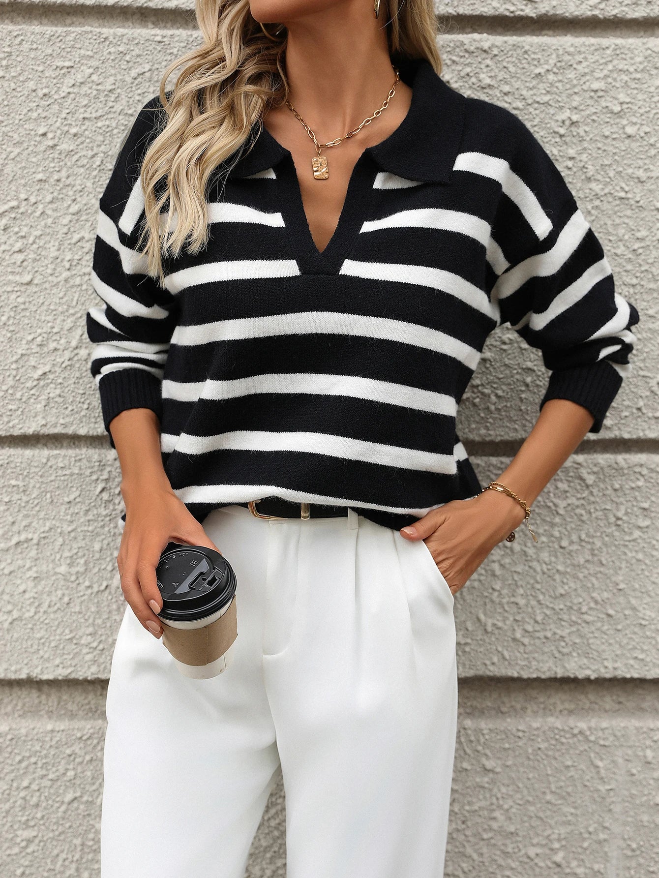 Women Striped Polo Sweater | Rowena