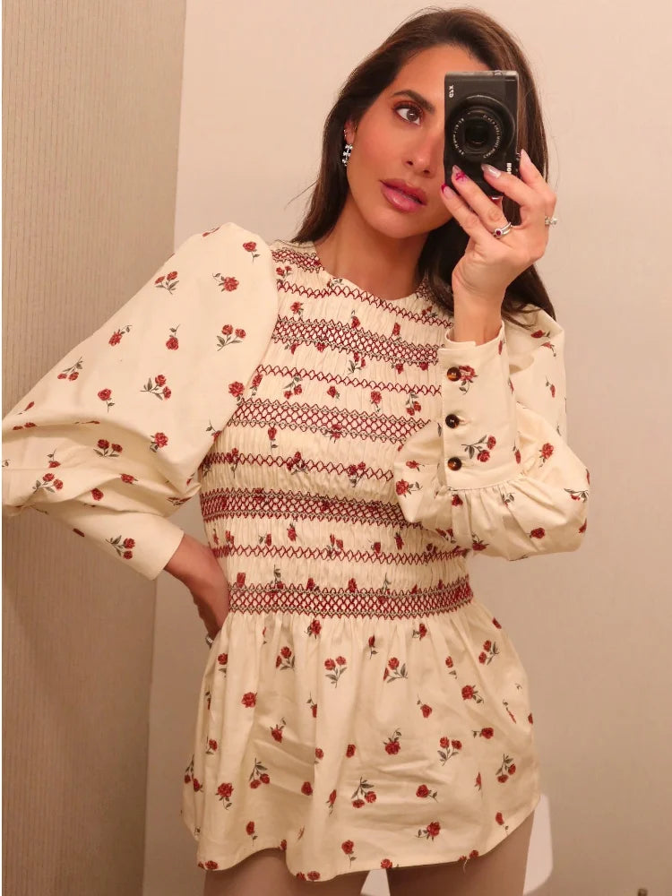Women Vintage Smocked Floral Blouse | Elnora