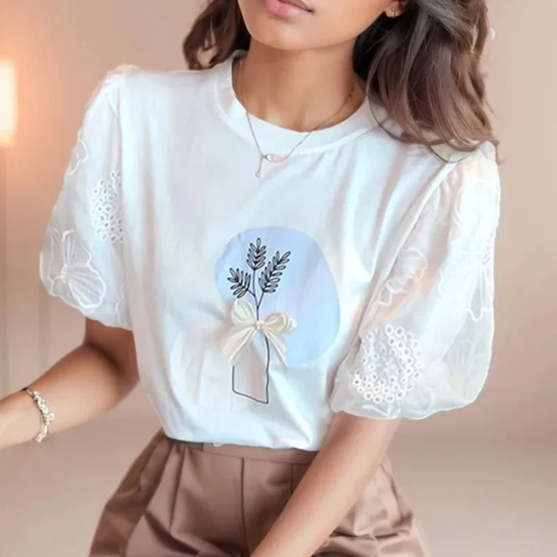 Women Puff Sleeve Embroidered T-Shirt | Brisa