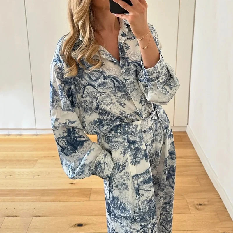 Women Elegant Blue Porcelain Print Set | Delphine