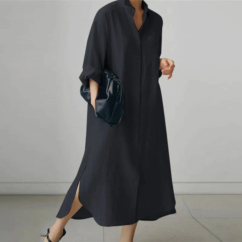 Women Button-Up Shirt Dress with Side Slit | Evelyn