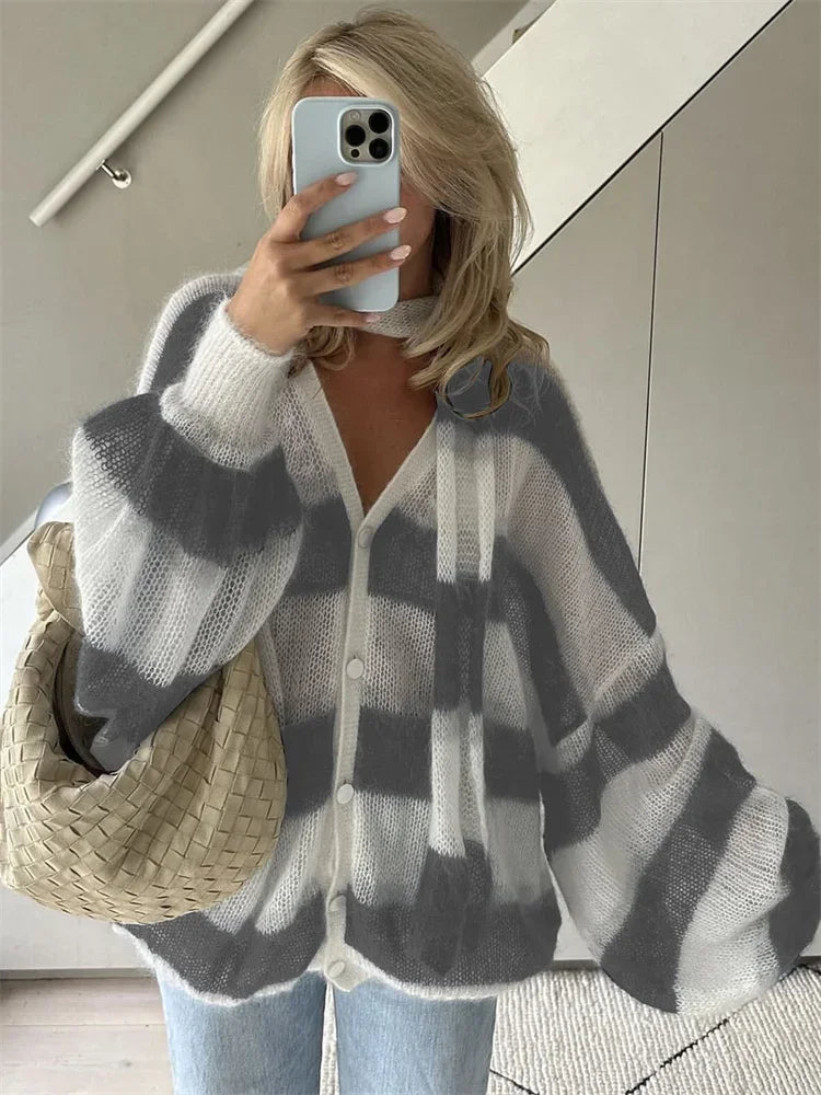 Women Oversized Striped Knit Cardigan | Orena