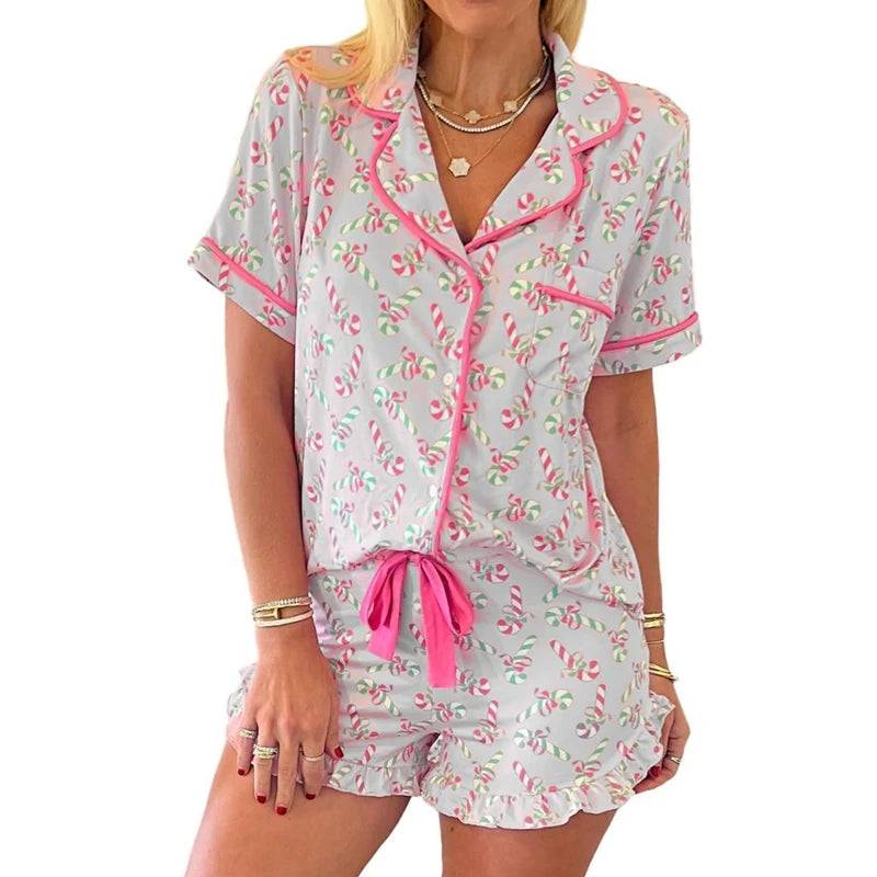 Women Candy Cane Print Pajama Set | Lahoma