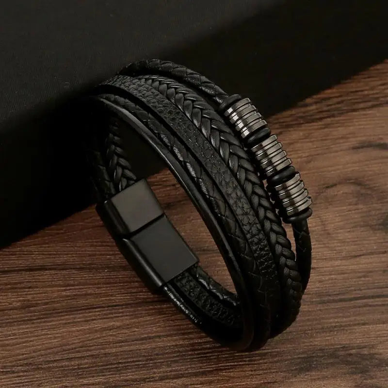 Variant image for Men's Leather Bracelet Black Alloy | Classic Style-16