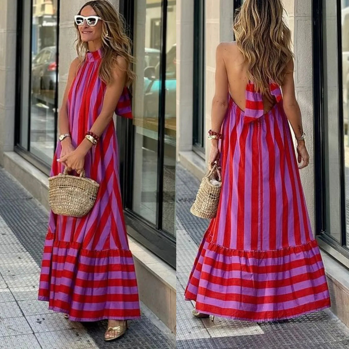 Women Striped Halter Maxi Dress | Melba