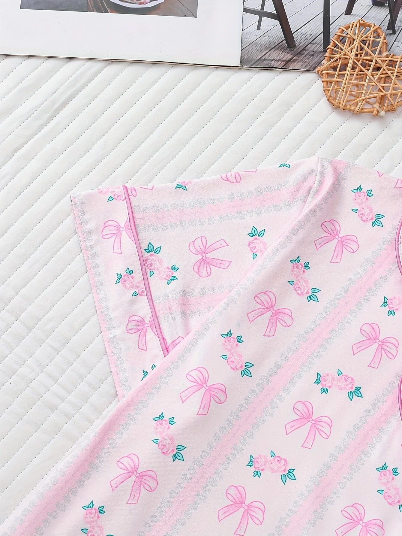 Women Pastel Bow Print Short Sleeve Pajama Set | Celestine