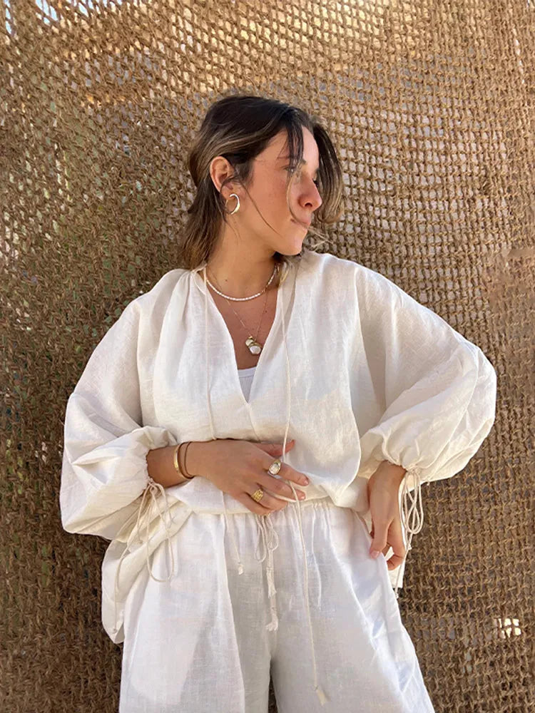 Women Elegant V-Neck Shirt And Ruffle Shorts Set | Zara
