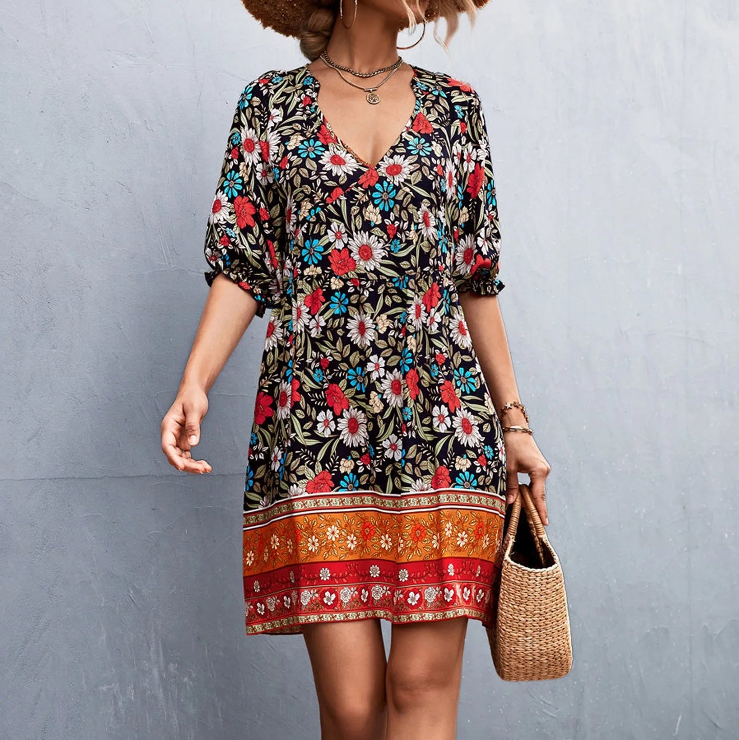Women Boho Floral V-Neck Mini Dress | Elira