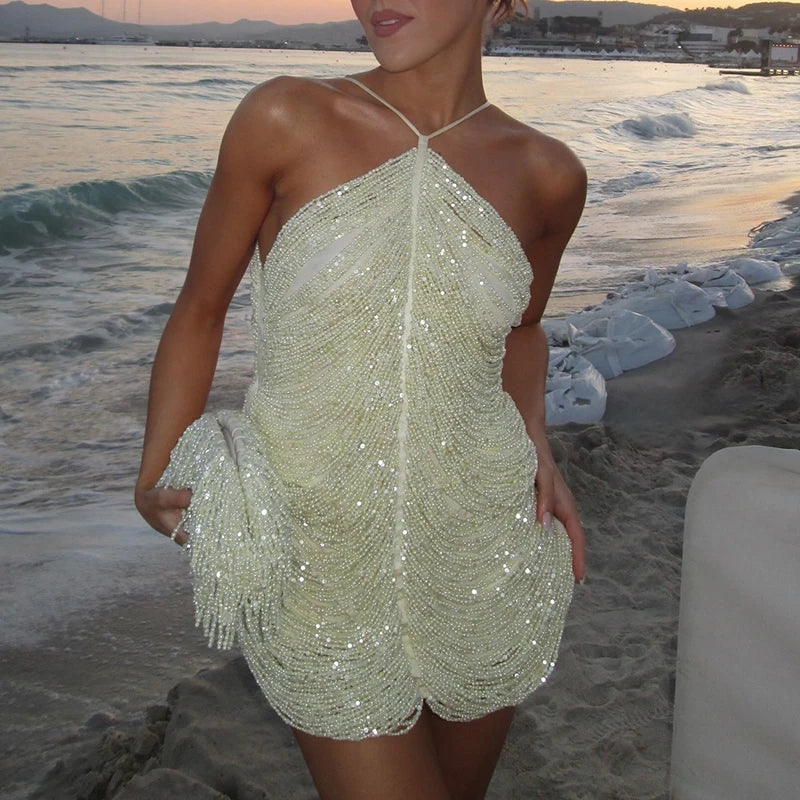 Women Pearl Embellished Halter Mini Dress | Solange