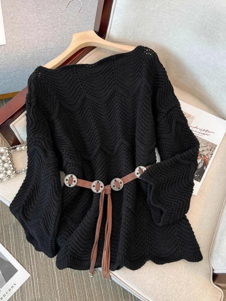 Women Wave Knit Poncho Sweater | Yna