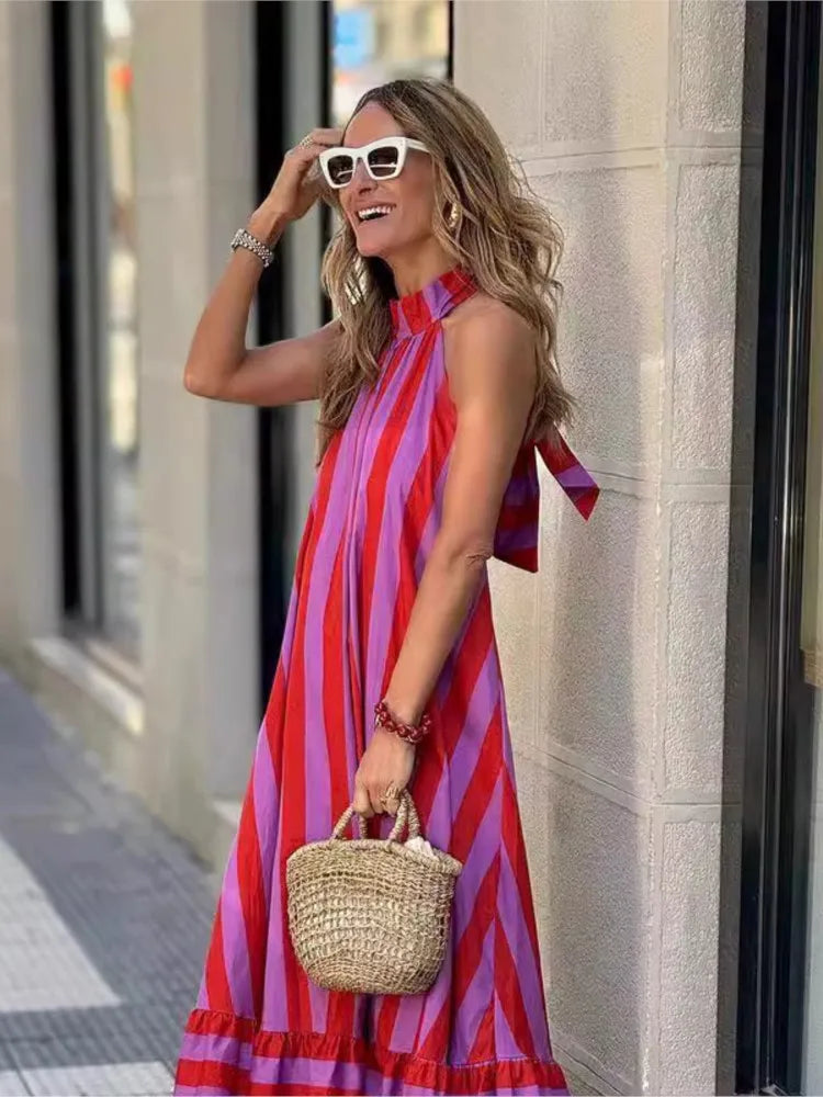 Women Striped Halter Maxi Dress | Melba