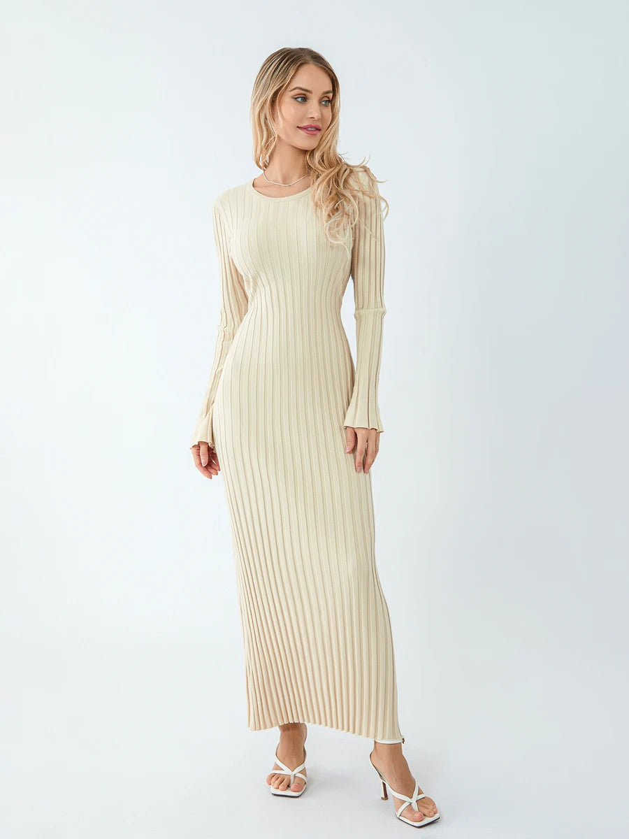 Women Long Sleeve Dress Solid Knit | Elegant-5
