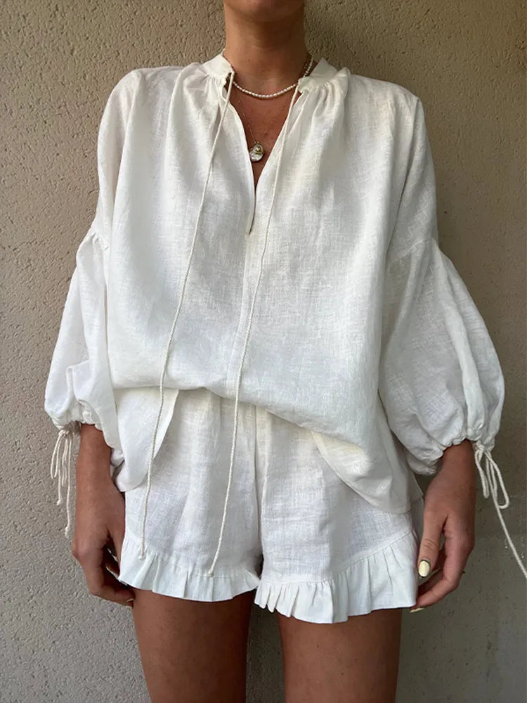 Women Elegant V-Neck Shirt And Ruffle Shorts Set | Zara