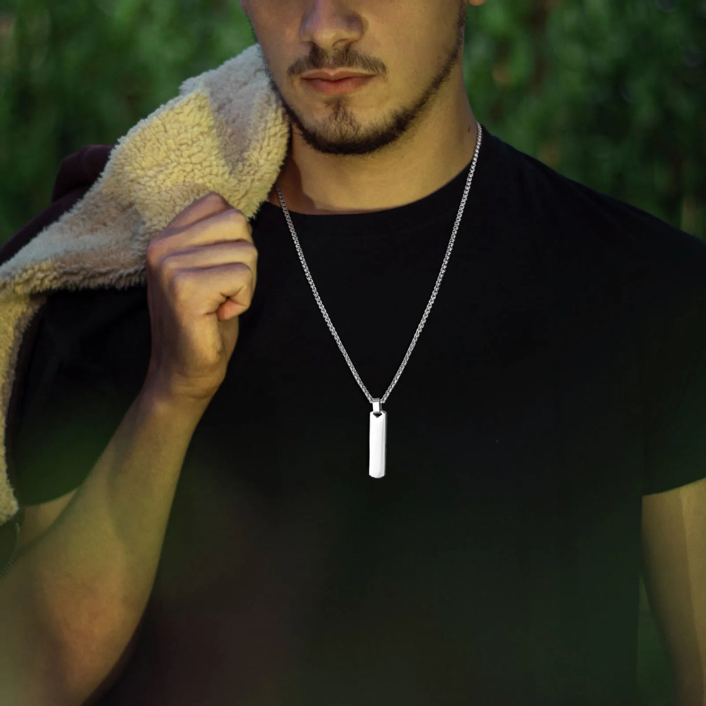 Men's Necklace Silver Stainless Steel | Classic Initial Bar Pendant-3
