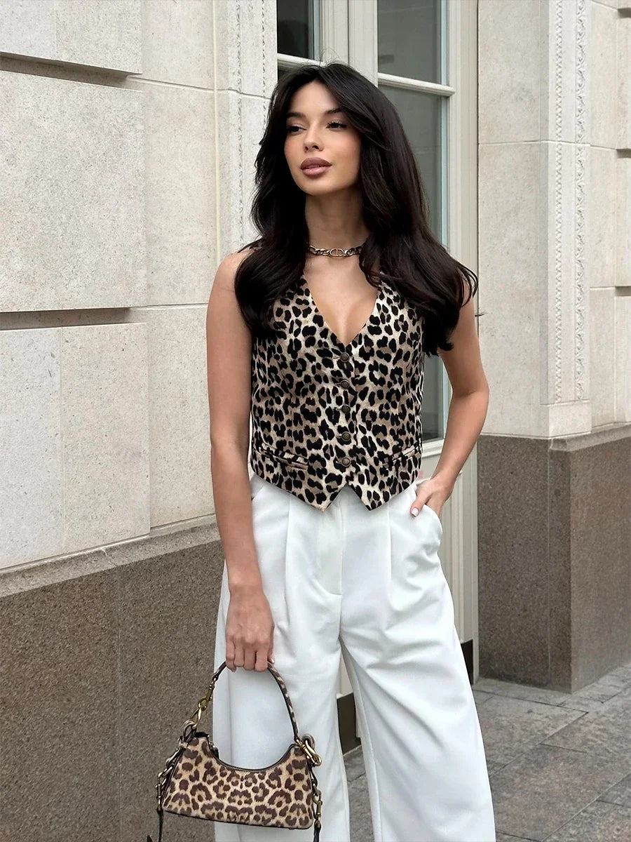 Women Chic Leopard Print Vest | Elara