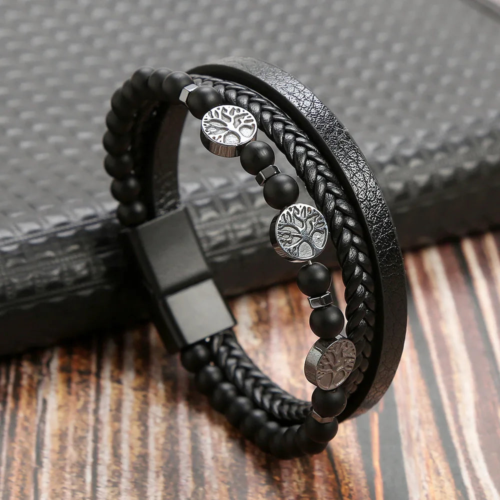 Variant image for Men's Leather Bracelet Black Multilayer | Urban Style-6