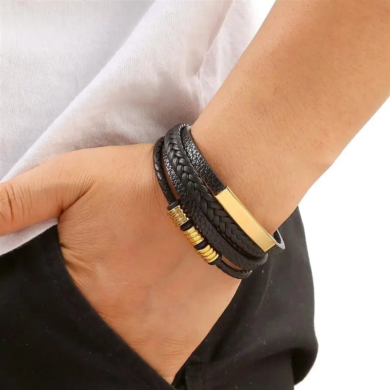 Men's Leather Bracelet Black Alloy | Classic Style-4