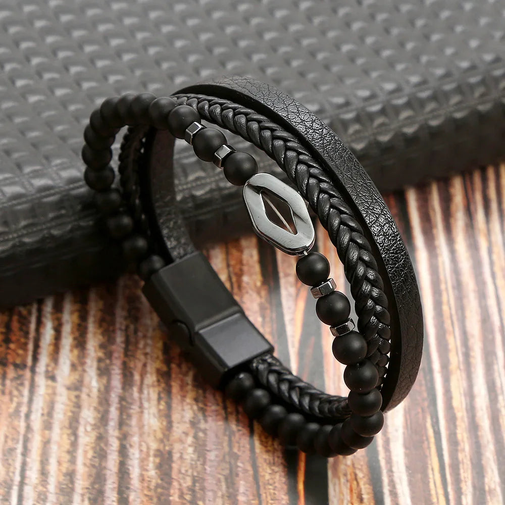 Variant image for Men's Leather Bracelet Black Multilayer | Urban Style-29