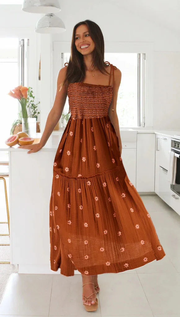 Women Rust Floral Smocked Maxi Dress | Babette