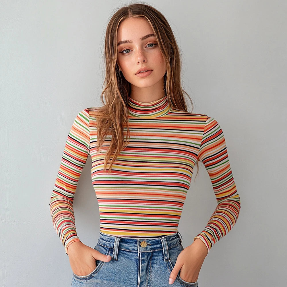 Women Striped Turtleneck Long-Sleeve Top | Elfreda