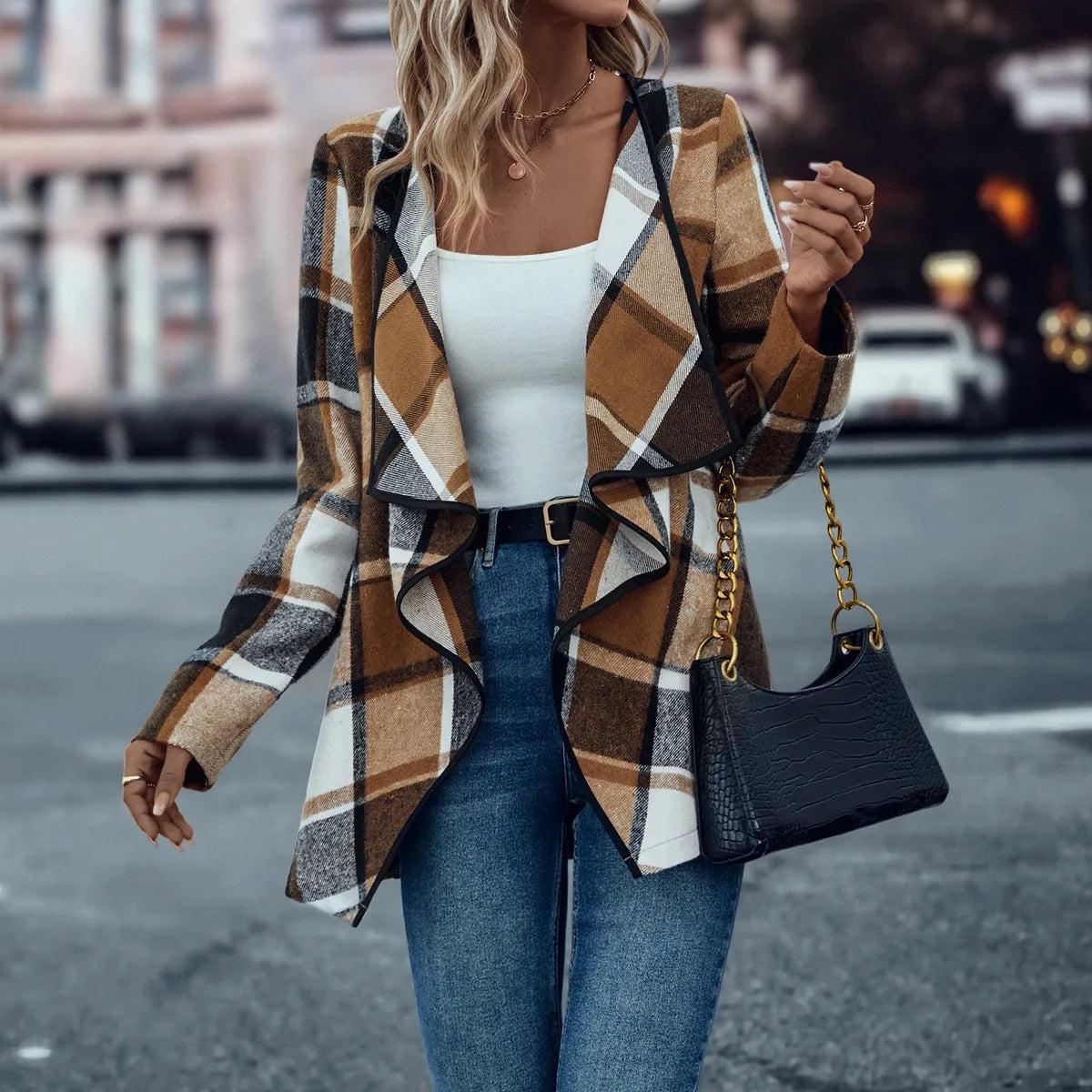 Women Plaid Waterfall Front Cardigan | Emeraude