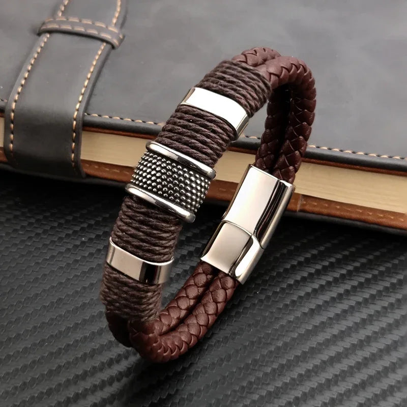 Men's Leather Bracelet Brown Stainless Steel | Classic Elegance-1