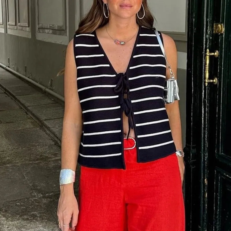 Women Striped Tie-Front Knit Vest | Imogen