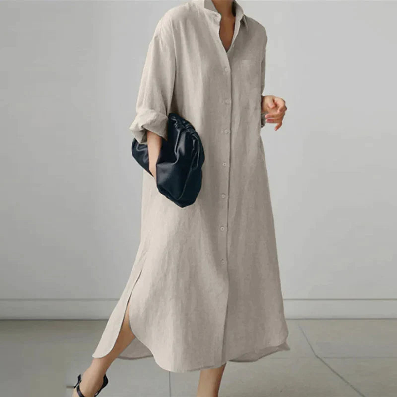 Women Button-Up Shirt Dress with Side Slit | Evelyn