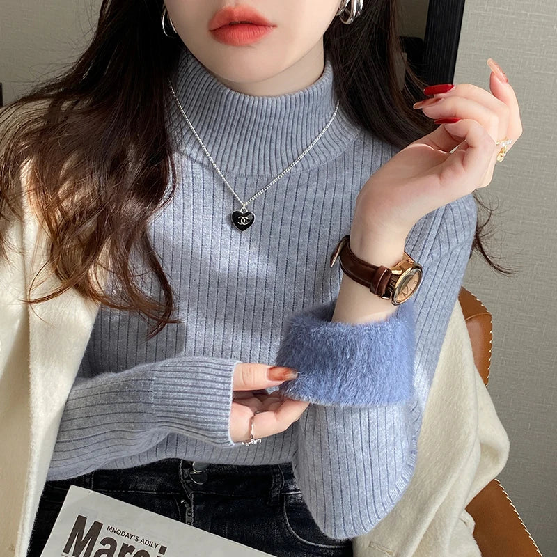 High-Neck Ribbed Sweater with Fur Trim | Edithmae