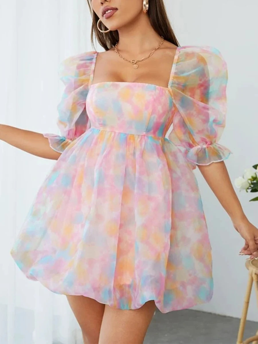 Women Pastel Puff Sleeve Mini Dress | Maricela