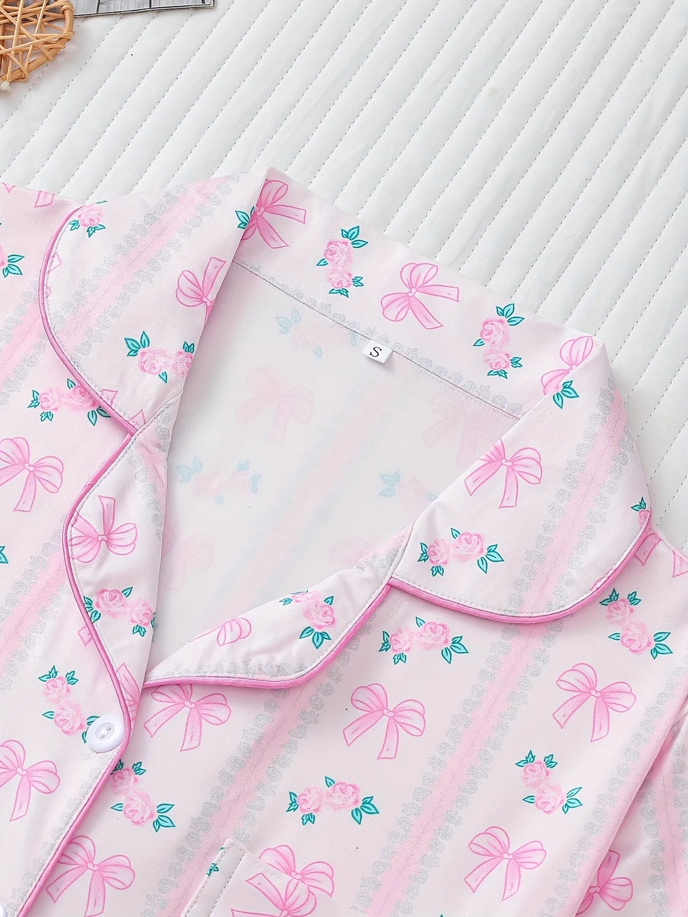 Women Pastel Bow Print Short Sleeve Pajama Set | Celestine