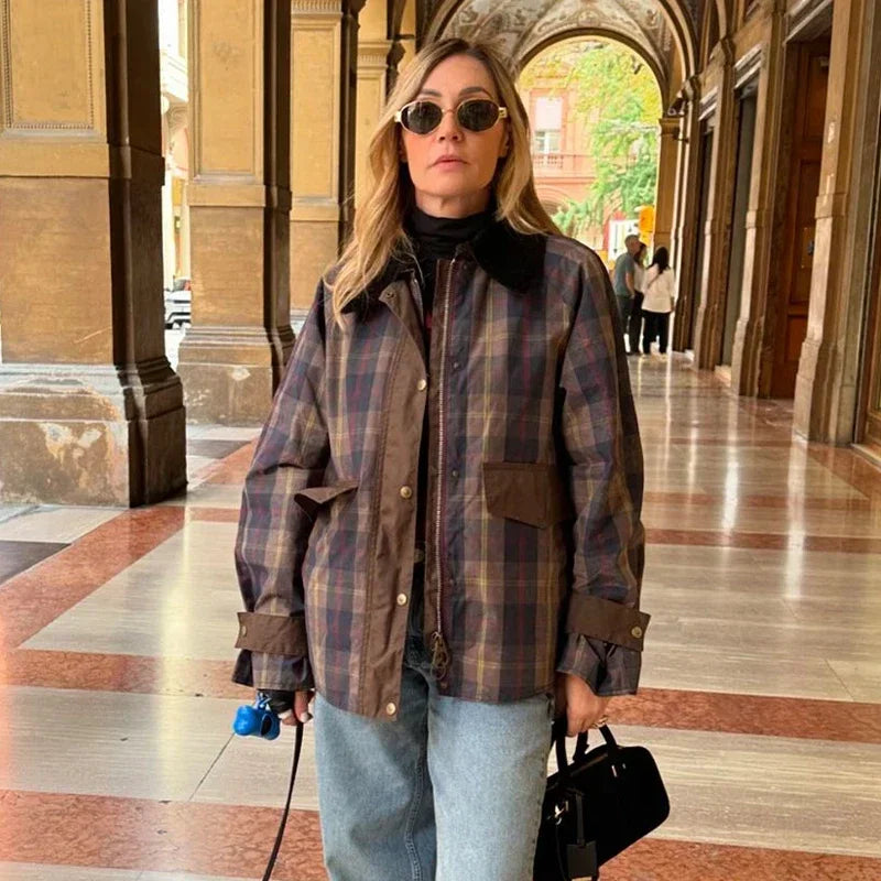 Variant image for Women Plaid Coat Casual Lapel Full Sleeve | Autumn Chic-1