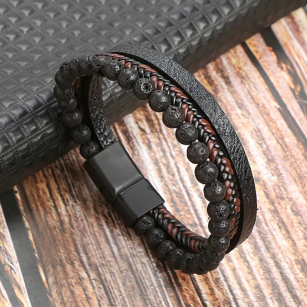 Variant image for Men's Leather Bracelet Black Multilayer | Urban Style-2