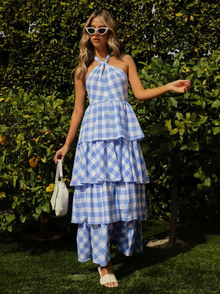 Women Tiered Gingham Halter Maxi Dress | Cordelia