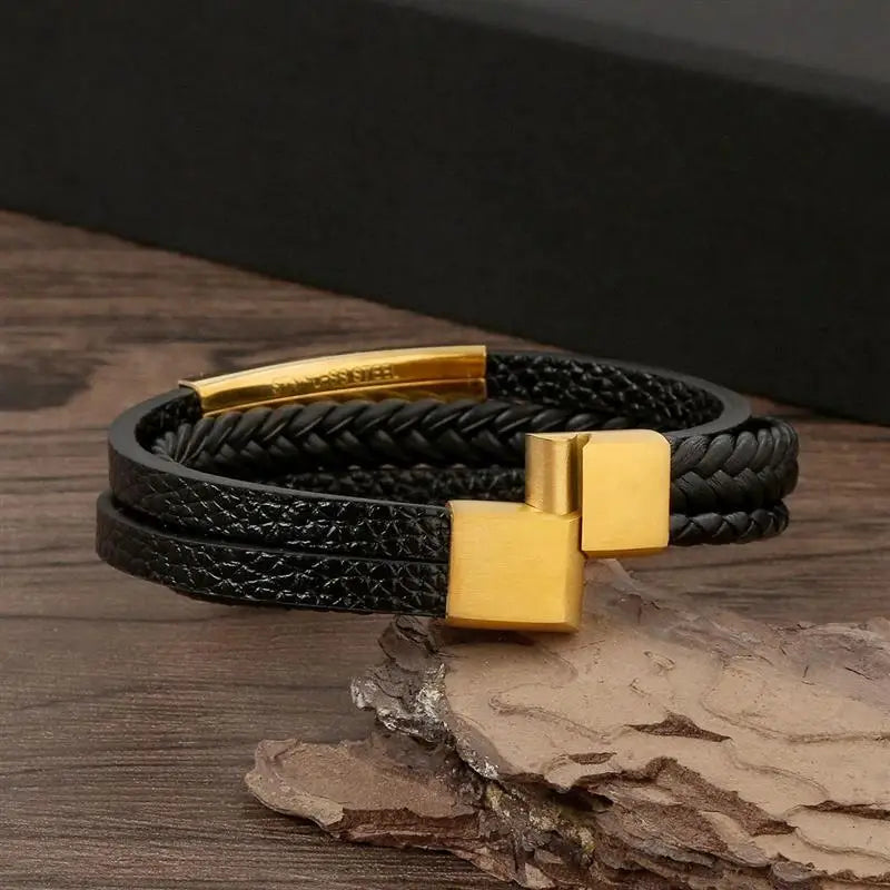 Men's Leather Bracelet Black Alloy | Classic Style-5