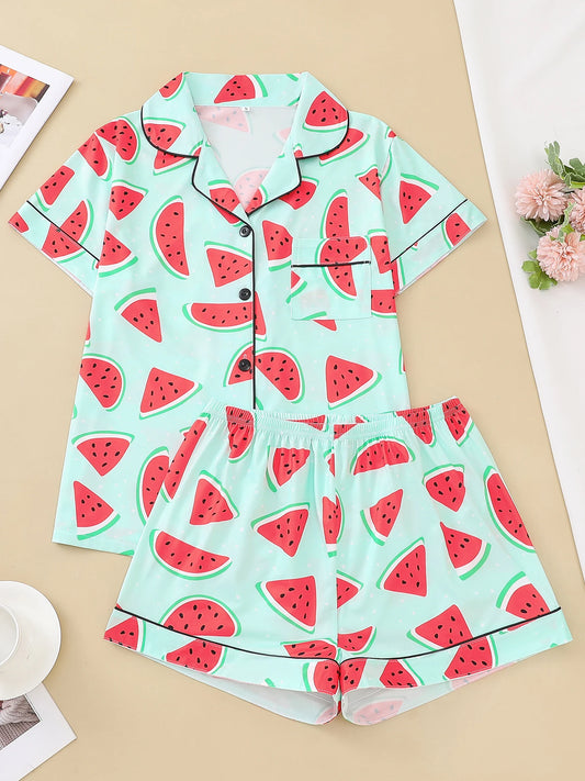 Women Watermelon Print Short Sleeve Pajama Set | Annetta