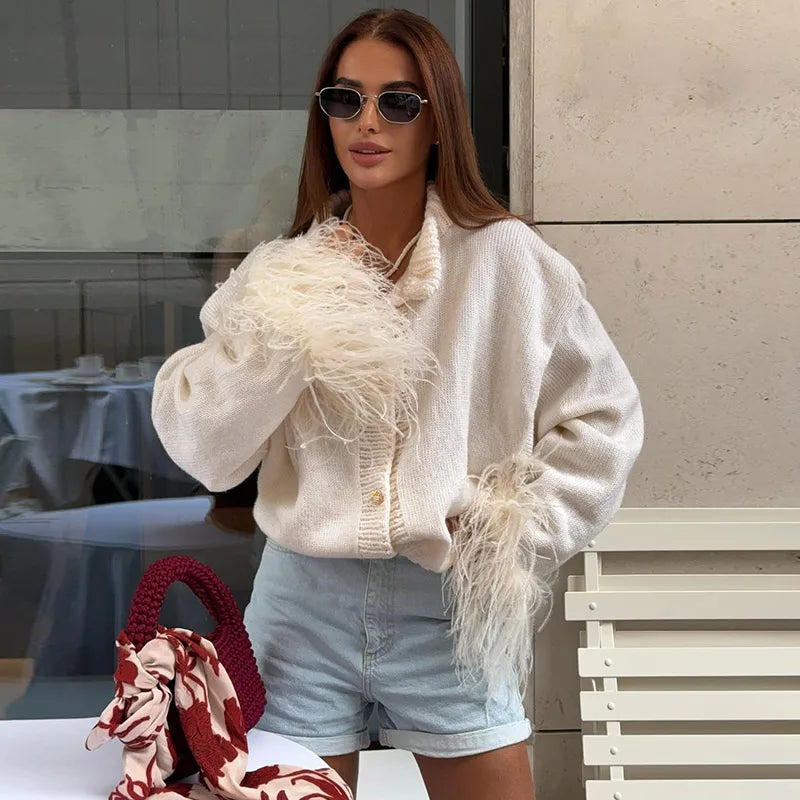 Women Feather Cuff Knit Cardigan | Geraldina