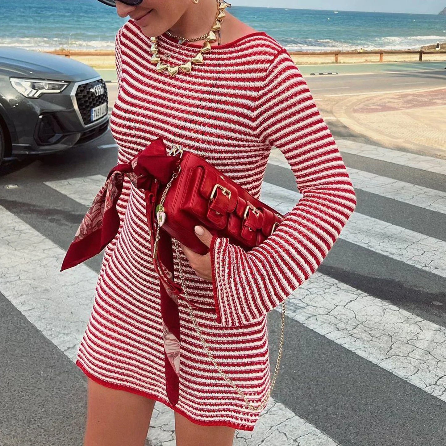 Women Striped Knit Long-Sleeve Mini Dress | Belem